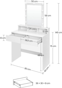Masa de Toaleta cu oglinda Model Emery, Alb, 80x40x145 cm - Img 7