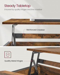Măsuță de cafea cu blat lift-up și spații de depozitare, stil industrial, Maro Rustic/Negru, 100 × 60 × 48–62 cm - Img 6