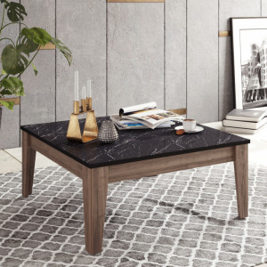 Masuta de Cafea Model Zyair, 85x85x35 cm, Nuc/Negru marmorat - Img 1