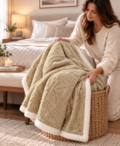 Pătură Cocolino cu blăniță Sherpa, model Romb Floral Embosat, Bej, 200 × 230 cm