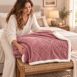 Pătură Cocolino cu blăniță Sherpa, model Romb Floral Embosat, Pudra, 200 × 230 cm