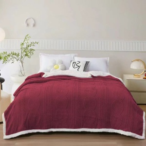 Pătură Cocolino cu blăniță Sherpa, model Tricot Embosat, Grena, 200 × 230 cm