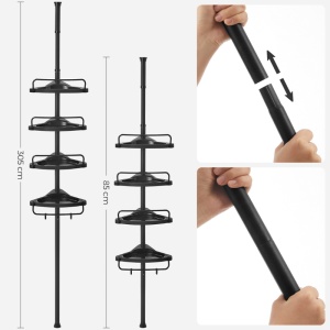 Raft de Colt Reglabil pentru Baie, cu Suport Telescopic pentru dus, 85-305 cm, de la podea pana la tavan, cu 4 Tavi, 3 Carlige, Negru - Img 2