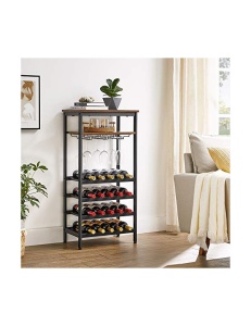 Raft pentru sticle de vin si suport pahare Model Elliott, capacitate 20 sticle, Maro rustic/Negru, 50x32x100 cm - Img 2
