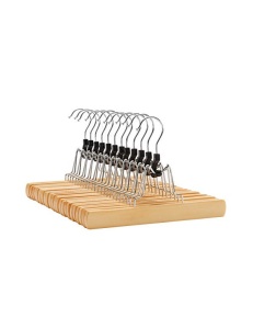 Set 12 umerașe din lemn pentru pantaloni și fuste, cu clemă antialunecare și cârlig rotativ 360°, Natur, 25 × 2,2 × 17 cm - Img 1