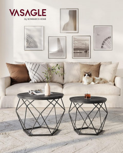 Set 2 măsuțe de cafea rotunde cu blat detașabil, cadru metalic geometric, Negru, Ø50 × 40 cm / Ø40 × 36 cm - Img 2