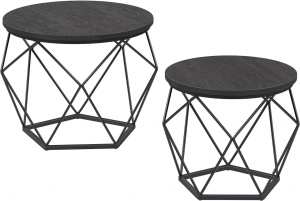 Set 2 măsuțe de cafea rotunde cu blat detașabil, cadru metalic geometric, Negru, Ø50 × 40 cm / Ø40 × 36 cm