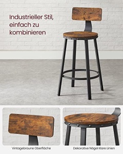 Set 2 scaune de bar Model Catalina, Maro rustic/Negru, 50.6x50.6x88.5 cm - Img 7