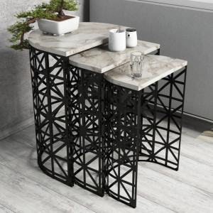 Set 3 Masute de Cafea Model Remi, 46x33x62/41x30x58/36x27x53 cm, Alb Marmorat/Negru - Img 1