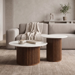 Set de 2 măsuțe de cafea Skerta, Alb/Nuc, 70 x 70 x 39 cm și 50 x 50 x 47 cm