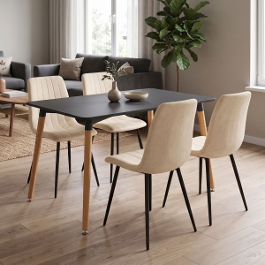 Set masă și 4 scaune Natali-Noor, Alb/Bej/Negru/Natural, 120 x 80 x 76 cm