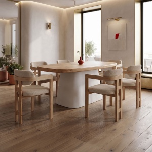 Set masă și 6 scaune Fessen-Winsor, Alb/Natural/Bej, 180 x 90 x 78 cm