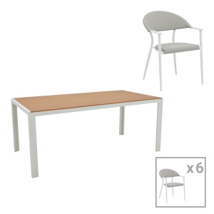 Set Masa si Scaune de Exterior, 7 Piese, Model Nares-Pino, Natural/Alb, 180x90x72.5 cm - Img 1