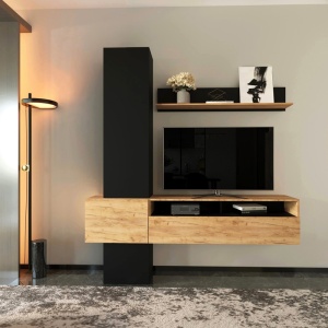 Set mobilă living Wendy, stejar/negru, 195.1x37.3x219.1 cm