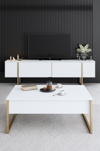 Set mobilier living Model Luxe, Alb/Auriu, 160x35x80 cm - Img 5