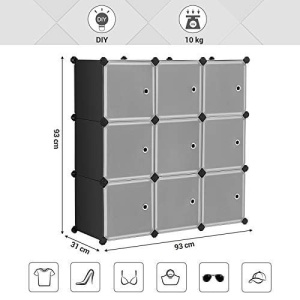 Sistem de depozitare modular din plastic, 9 cuburi Model Ezra, Negru/alb, 93x31x93 cm - Img 6