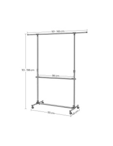 Suport pentru haine reglabil cu roti, Songmics, 2 sine, 101-163 x 49 x 113-198 cm, LLR401, Gri - Img 6