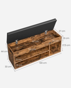Bancă pentru pantofi cu șezut tapițat, compartiment ascuns și rafturi, Maro Rustic/Negru, 100 × 30 × 44 cm - Img 6