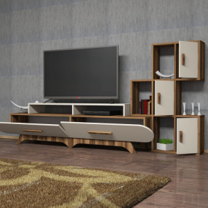 Comoda TV Flora S - Walnut, Crem - Img 4