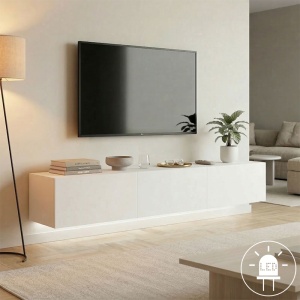 Comoda TV Rival, suspendata, cu iluminare LED, Alb, 180 x 35 x 30 cm