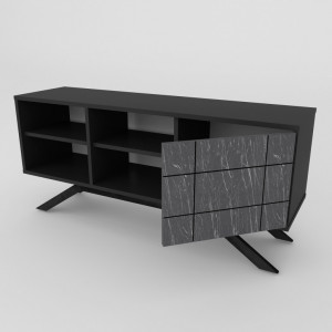 Comoda TV Salvador, Model North, 130x58.6x38.6 cm, Negru/Negru marmorat - Img 5