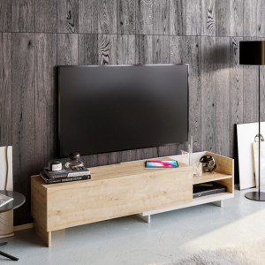 Comoda TV Salvador, Model Parion, 165x41x35 cm, Alb/Stejar safir - Img 2