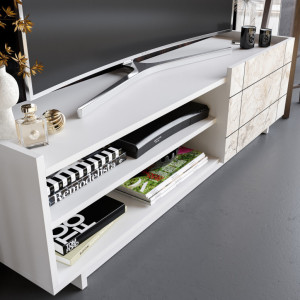 Comoda TV Salvador, Model Valantina, 140x41.4x37.1 cm, Alb/Alb marmorat - Img 3