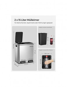 Cos de reciclare, Songmics, 2 x 15L, manere interioare, Argintiu / Negru, LTB30H - Img 6