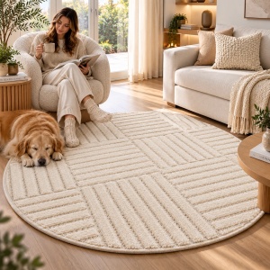 Covor Rotund VivaDeco Art V3, D160 cm, Crem, 100% Polipropilena, Fir 8 mm, 1900 g/mp, OEKO-TEX Standard 100 - Img 4