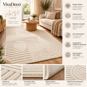 Covor tip Traversa VivaDeco Art V1, 80 x 250 cm, Crem, 100% Polipropilena, Fir 8 mm, 1900 g/mp, OEKO-TEX Standard 100 - Img 10