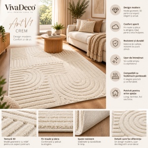 Covor VivaDeco Art V1, 120 x 170 cm, Crem, 100% Polipropilena, Fir 8 mm, 1900 g/mp, OEKO-TEX Standard 100 - Img 11