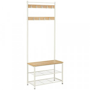 Cuier cu bancuta si suport pantofi Model Hobbs, Alb/Natur, 70×32×175 cm - Img 2