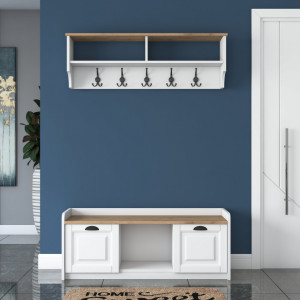 Cuier de hol cu dulap Model Bean, Alb/Nuc, 120x40x45 cm - Img 3