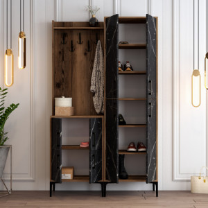 Cuier hol cu dulap Model Berlin, Nuc/Negru Marmorat, 120x35x200 cm - Img 3