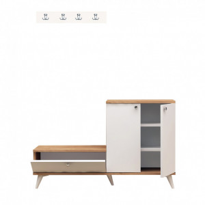 Cuier hol cu dulap Model Evva, Stejar/Alb, 120x30x76 cm - Img 3