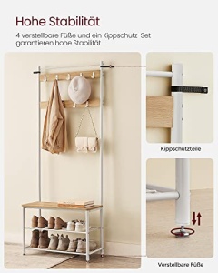 Cuier pentru hol 3 în 1 cu bancă, 9 cârlige și 2 rafturi pentru pantofi, Stejar/Alb, 70 × 32 × 175 cm - Img 4