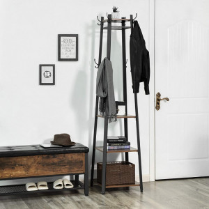 Cuier tip pom cu rafturi Model Good, Maro Rustic/Negru, 43x43x180 cm - Img 2