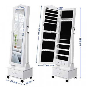 Dulap bijurerii cu oglinda, Songmics, Alb, 45x35x156 cm - Img 7
