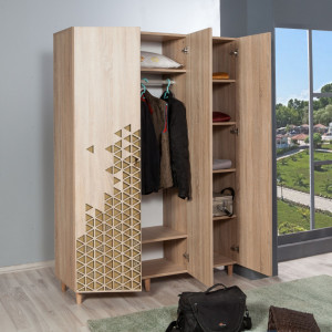 Dulap haine Model Mode-120, Stejar sonoma/Bej, 135x52x192 cm - Img 3
