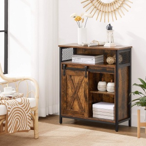 Dulap multifuncțional VASAGLE, cu ușă glisantă tip hambar, Maro Rustic/Negru, 70 × 30 × 80 cm - Img 2