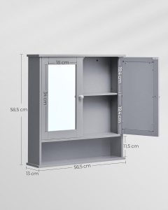 Dulap suspendat pentru baie cu oglindă, poliță reglabilă și compartiment deschis, Gri, 56,5 × 13 × 58,5 cm - Img 3