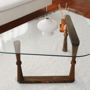 Masuta de Cafea Model Fields, 96x81x41 cm, Nuc, Lemn masiv, Blat Sticla securizata - Img 6