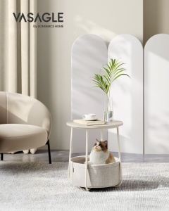 Măsuță laterală rotundă cu coș textil de depozitare, Bej Natural/Alb Crem, Ø45 × 51 cm - Img 2
