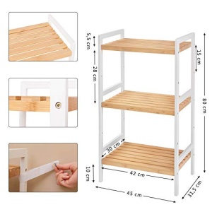 Raft multifuncțional din bambus cu 3 polițe reglabile, Alb/Natur, 45 × 31,5 × 80 cm - Img 6