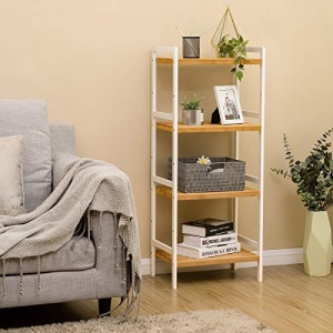 Raft multifuncțional din bambus cu 4 polițe reglabile, Alb/Natur, 45 × 31,5 × 110 cm - Img 2