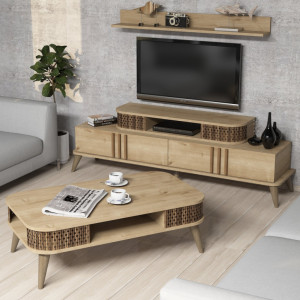 Set Comoda TV si Masuta de Cafea Model Schroeder, 105x60x34.6 cm, Stejar - Img 2