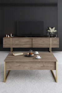 Set de mobilier pentru camera de zi Model Luxe, Nuc/Auriu - Img 5