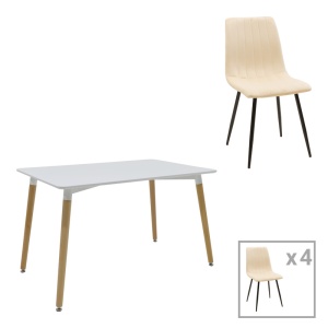 Set Masă si 4 Scaune Natali-Noor, alb/bej/natural, 120x80x76 cm
