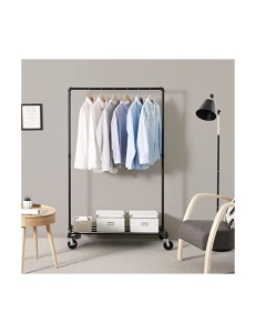 Suport mobil pentru haine cu bară pentru umerașe și raft inferior, pe roți, Oțel, Negru, 100 × 49 × 163 cm - Img 6