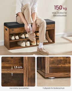 Bancă pentru pantofi cu șezut tapițat, compartiment ascuns și rafturi, Maro Rustic/Negru, 100 × 30 × 44 cm - Img 3